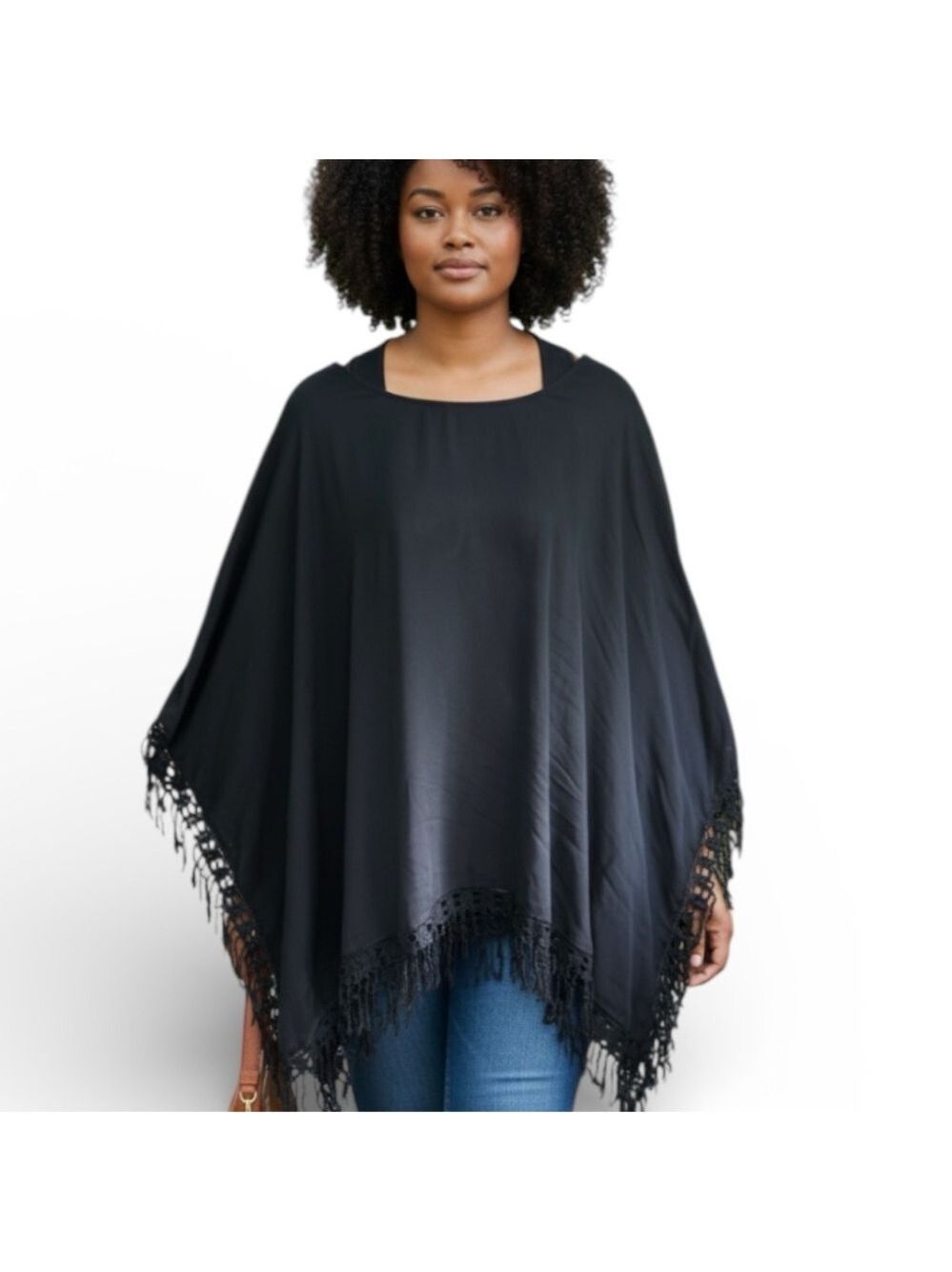 Daniel Rainn Boho Fringe Poncho Blouse in Black with Dolman Sleeves  Size 1X